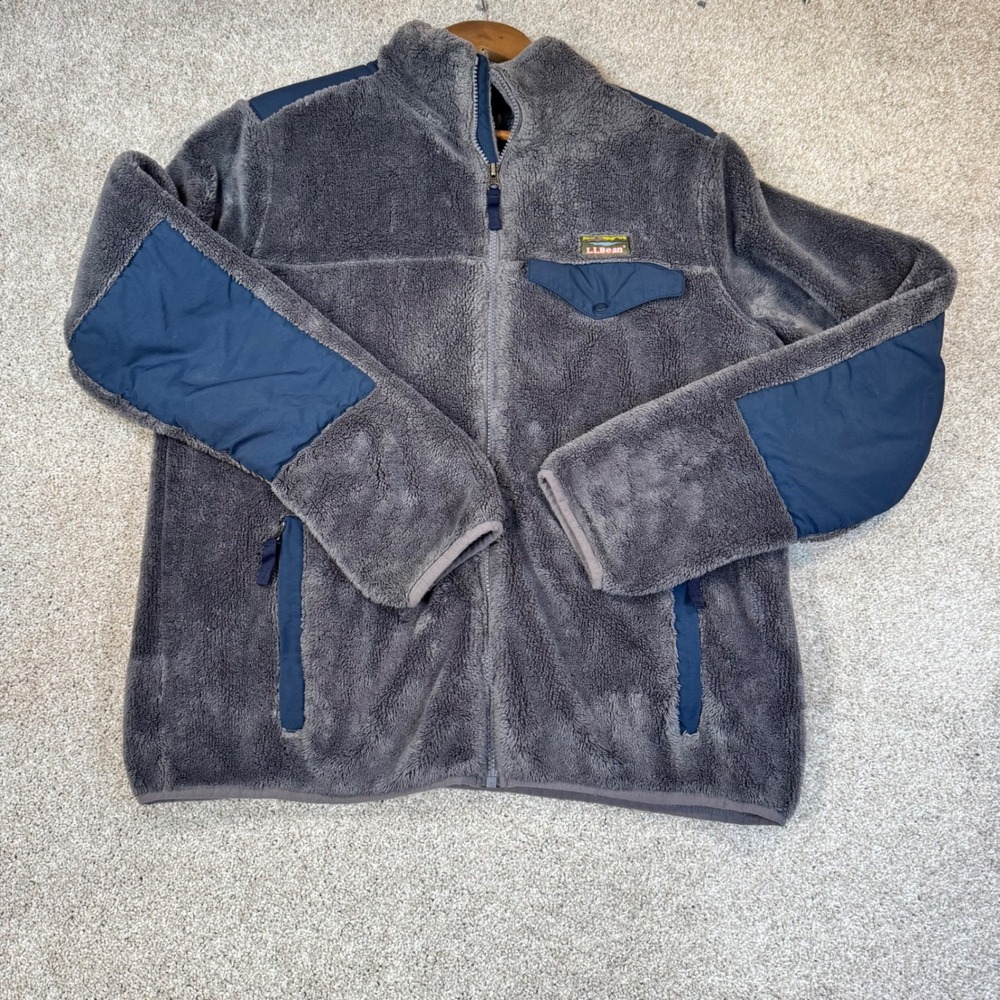 LL Bean Mens Hi-Pile Fleece Jacket Gray Navy Blue Full Zip Medium VINTAGE